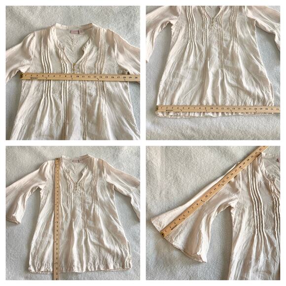 St. Tropez West Linen Blouse Small Pleated Beige 3/4 Bell Sleeve Tunic Shirt Top - Picture 7 of 7